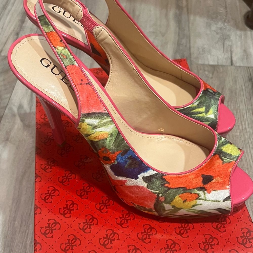 Guess Women's Floral Slingback Heels - Pink and Multicolor 9.5 M